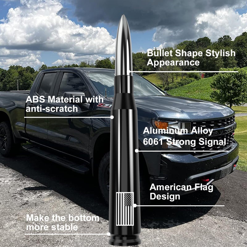 Engirette Car Truck Antenna with Valve Stem Cap American Flag Universal Short Replacement for GMC Sierra Chevy Silverado Dodge Ram 1500 2500 3500 Ford F150 F250 F350 Super Duty Raptor Accessories, Chrome - Image 3