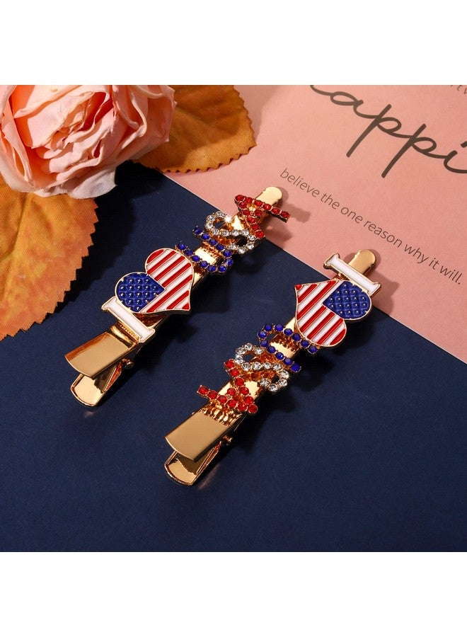 PHALIN American Flag Hair Clips For Women Rhinestone Patriotic Hairpins Enamel Heart Star Hair Barrettes Classic Usa Independence Day Hair Accessory Gift (Style A) - Image 2