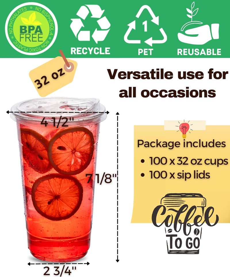 Aatriet 100 Pack 32 oz Clear Plastic Cups with Strawless-Sip-Lids, Disposable Cups Plastic Iced Coffee Cups, To Go Cups with Sip Through Lids for Smoothie, Milkshake, Cold Drinks for Party, Wedding, Event - Image 4