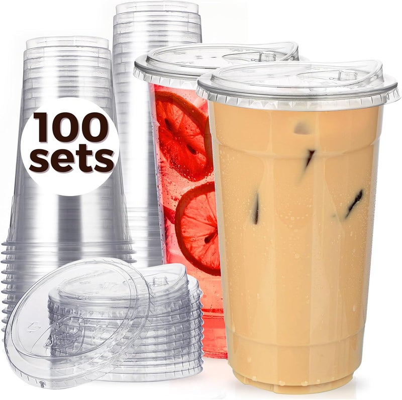 Aatriet 100 Pack 32 oz Clear Plastic Cups with Strawless-Sip-Lids, Disposable Cups Plastic Iced Coffee Cups, To Go Cups with Sip Through Lids for Smoothie, Milkshake, Cold Drinks for Party, Wedding, Event - Image 1