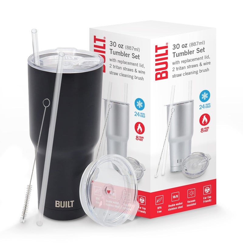 BUILT Double Walled Stainless Steel Tumbler Set with Replacement Lid 2 Reusable Tritan Wire Straw Cleaning Brush in Gift Box 1 Count Pack of 1 Black 30 floz