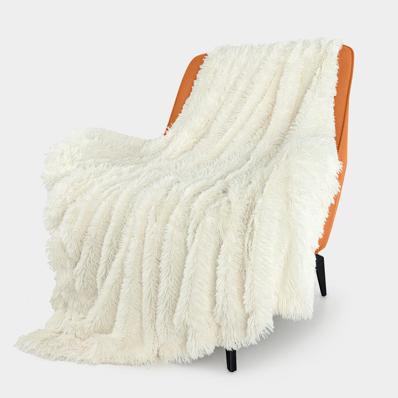 TOONOW Extra Soft Fuzzy Faux Fur Throw Blanket 50""x60""  Reversible Lightweight Fluffy Cozy Plush Comfy Microfiber Fleece Decorative Shaggy Blanket for Couch Sofa Bed  Cream White