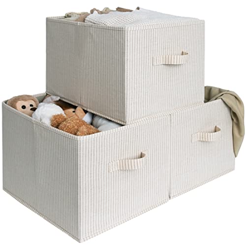 StorageWorks Storage Baskets for Shelves Foldable Fabric Closet Storage Bins with Handles Fabric Storage Bins Clothes Organizer Beige Stripes 3Pack Large