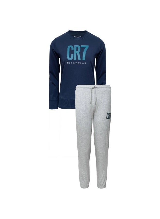 CR7 Kids Pyjama Set for Boys – Soft Cotton Long Sleeve T-Shirt & Jogger Pants Sleepwear Set, Comfortable Breathable Nightwear, Navy Blue & Grey - Image 1
