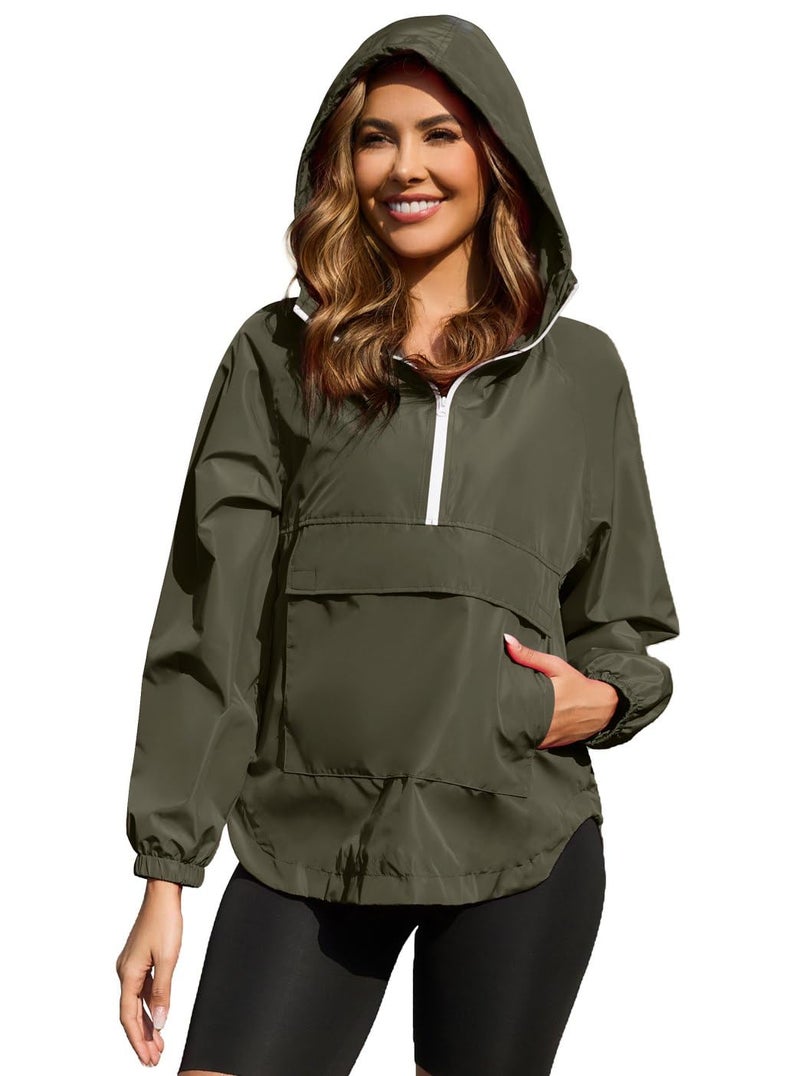 PESION Womens Packable Waterproof Raincoat Windbreaker Jacket, Wind- and Water-Resistant Hooded Jackets, Army Green, X-Large - Image 1