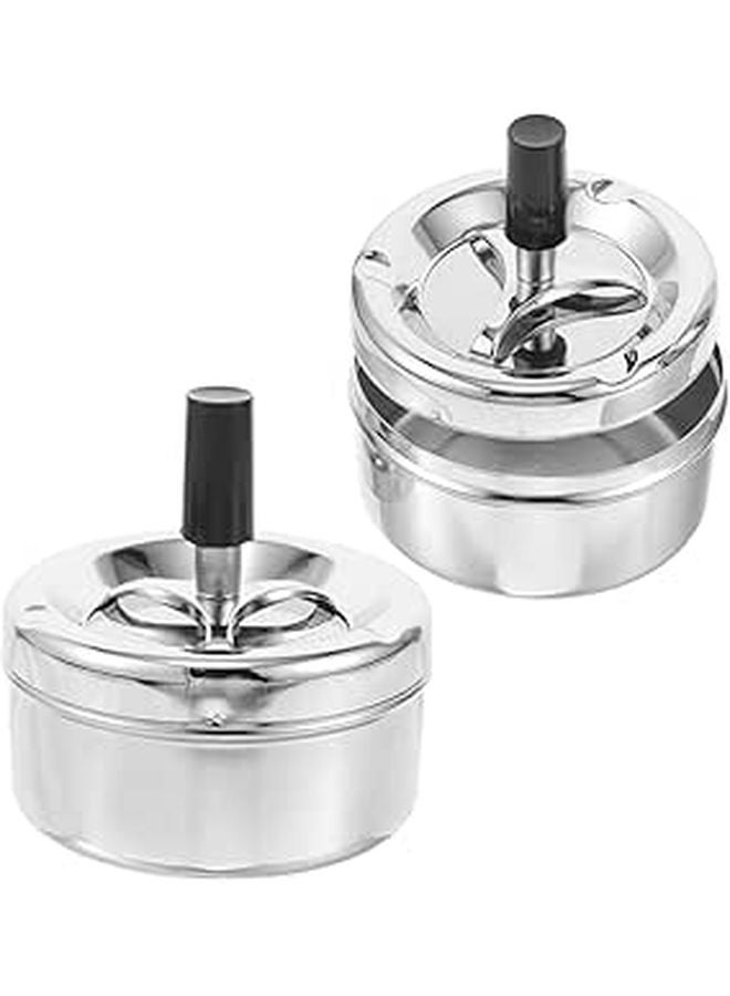 2 Pack Silver Metal Smokeless Windproof Revolving Ashtrays With Lid For Home Patio Car - Image 1