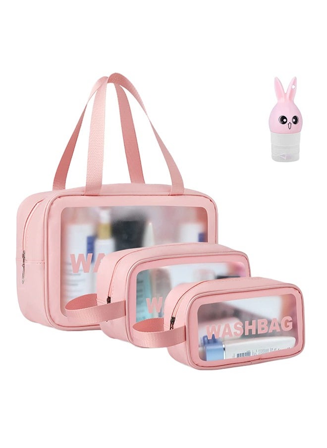 MIXDE - Clear Toiletry Bag Set for Women Men, Translucent Waterproof Travel Makeup Bag with Handle, Large Capacity Sturdy & Leak Resistant Cosmetic Bag Pouch for Traveling,3PACK (PINK) - Image 1