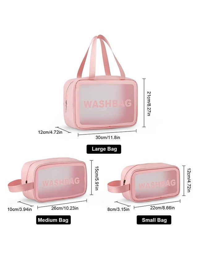 MIXDE - Clear Toiletry Bag Set for Women Men, Translucent Waterproof Travel Makeup Bag with Handle, Large Capacity Sturdy & Leak Resistant Cosmetic Bag Pouch for Traveling,3PACK (PINK) - Image 1