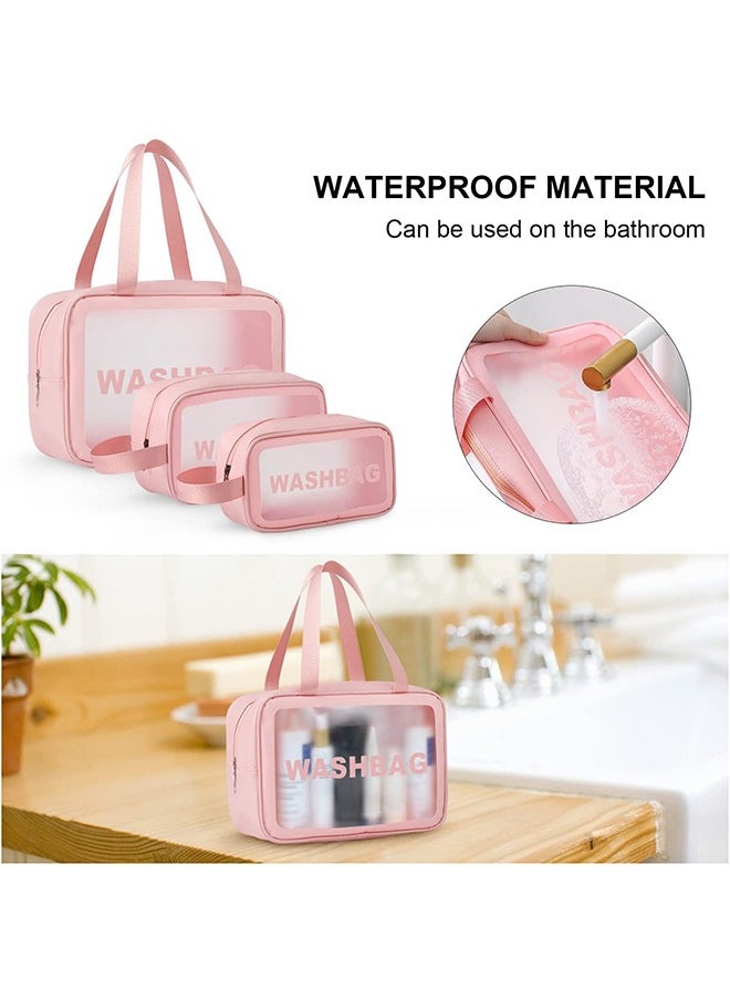 MIXDE - Clear Toiletry Bag Set for Women Men, Translucent Waterproof Travel Makeup Bag with Handle, Large Capacity Sturdy & Leak Resistant Cosmetic Bag Pouch for Traveling,3PACK (PINK) - Image 1