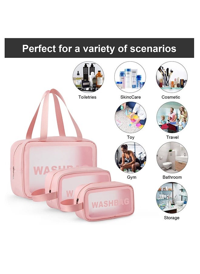 MIXDE - Clear Toiletry Bag Set for Women Men, Translucent Waterproof Travel Makeup Bag with Handle, Large Capacity Sturdy & Leak Resistant Cosmetic Bag Pouch for Traveling,3PACK (PINK) - Image 1