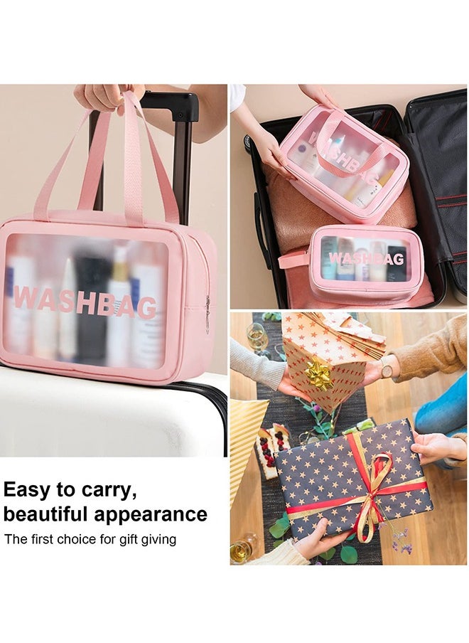 MIXDE - Clear Toiletry Bag Set for Women Men, Translucent Waterproof Travel Makeup Bag with Handle, Large Capacity Sturdy & Leak Resistant Cosmetic Bag Pouch for Traveling,3PACK (PINK) - Image 1
