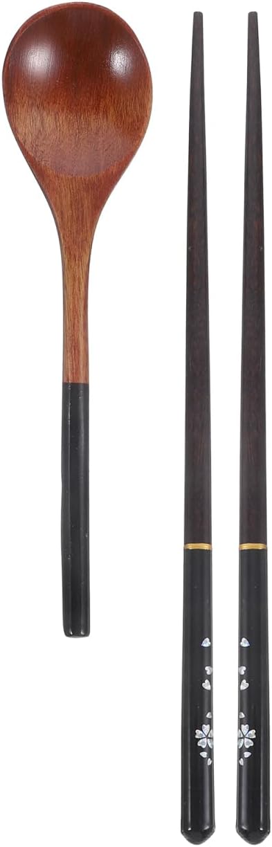 FELTECHELECTR 1Set Japanese Style Wooden Chopsticks and Spoon of Reusable Kitchen Utensils for Tableware Dining and Cooking for Home Office and Travel - Image 1