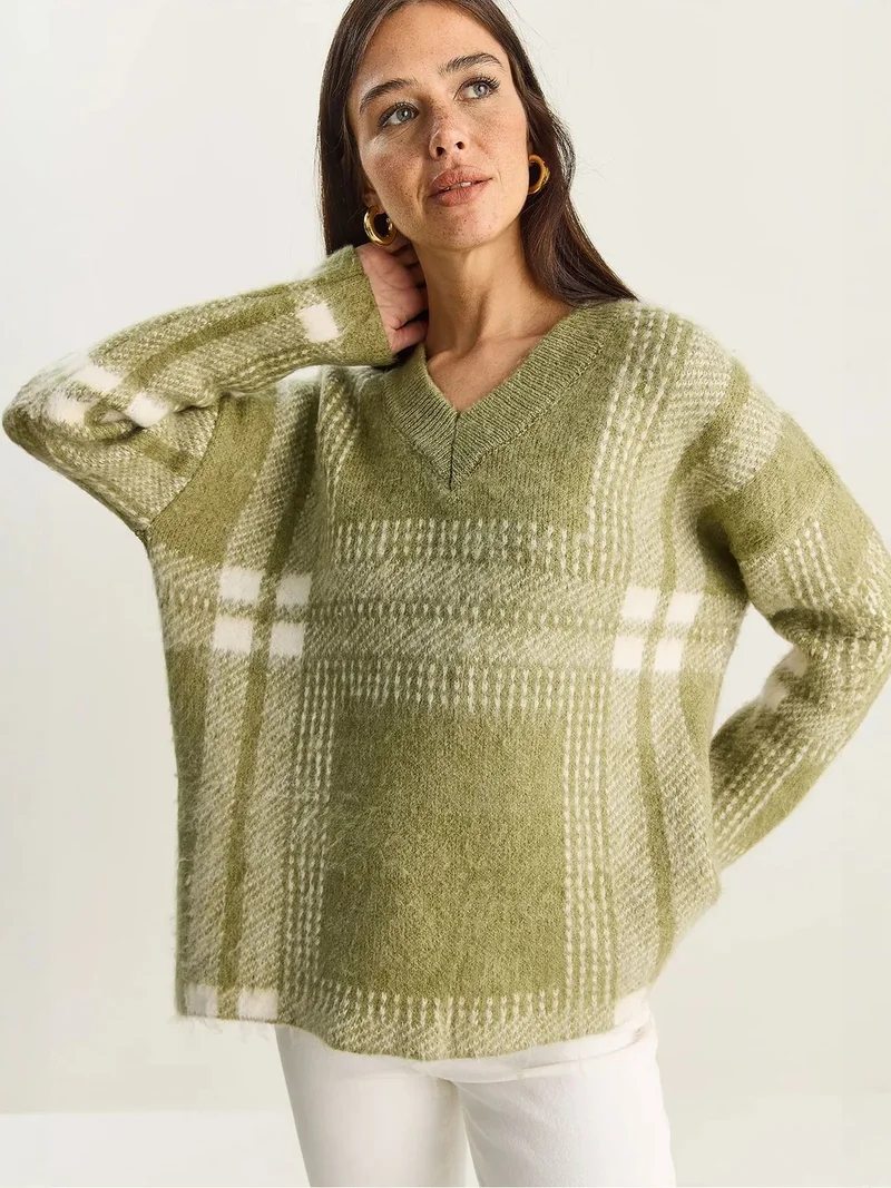 Bianco Lucci Lime Green LUCCI Plaid V-Neck Long Sleeve Knit Sweater for Women | Best Price UAE