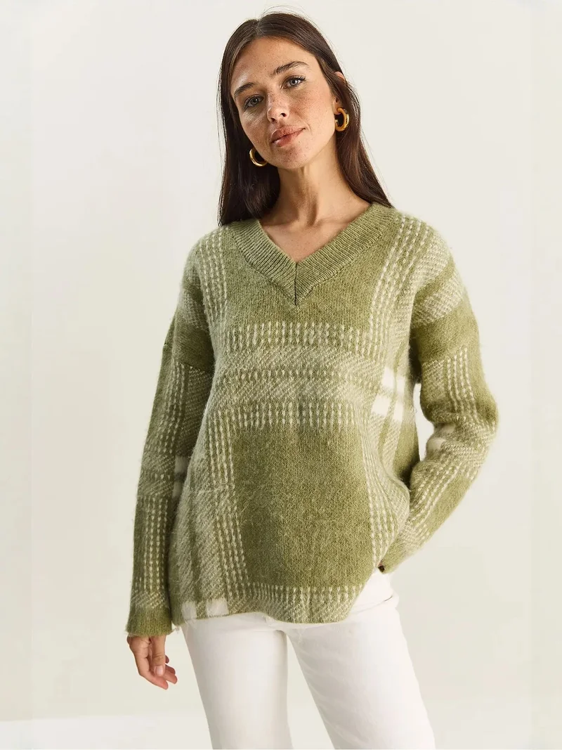 Bianco Lucci Lime Green LUCCI Plaid V-Neck Long Sleeve Knit Sweater for Women | Best Price UAE