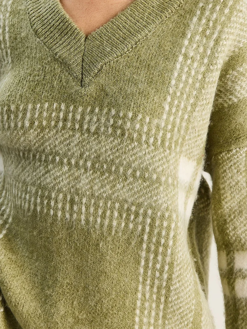 Bianco Lucci Lime Green LUCCI Plaid V-Neck Long Sleeve Knit Sweater for Women | Best Price UAE