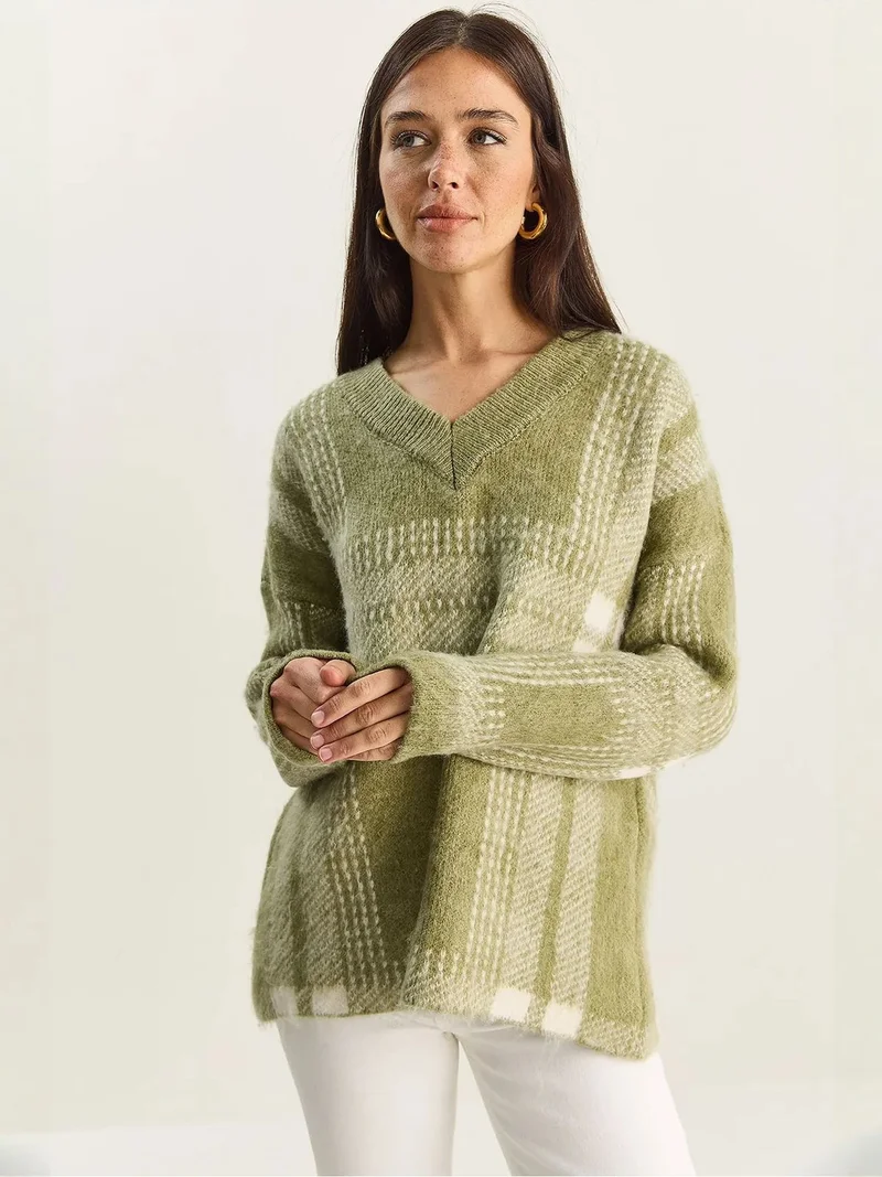 Bianco Lucci Lime Green LUCCI Plaid V-Neck Long Sleeve Knit Sweater for Women | Best Price UAE