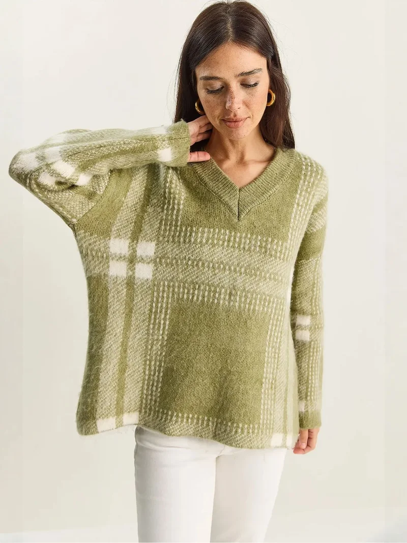 Bianco Lucci Lime Green LUCCI Plaid V-Neck Long Sleeve Knit Sweater for Women | Best Price UAE