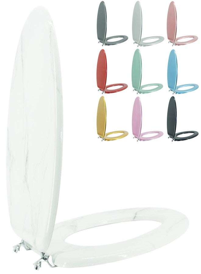 BLOFDE Elongated Toilet Seat Wood Toilet Seat Prevent Shifting with Zinc Alloy Hinges American Standard Size Toilet Seat Easy to Install also Easy to Clean(Elongated,Marble) - Image 1