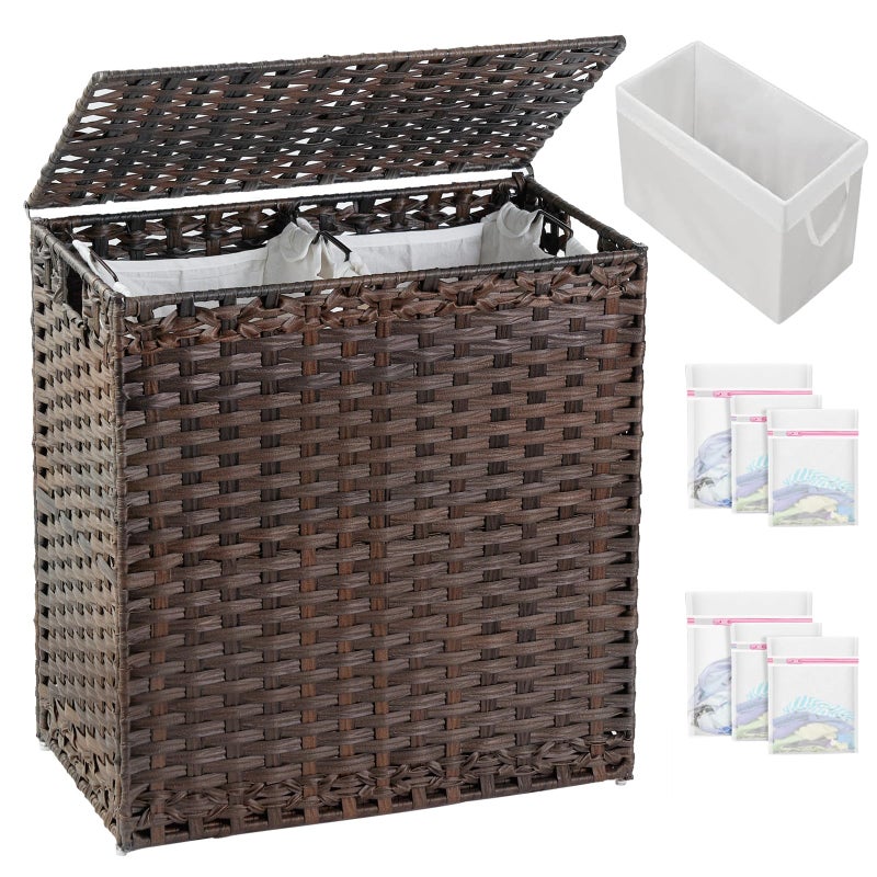 SETVSON Laundry Hamper with Lid Wicker Laundry Basket 112 L (29.6 Gal) Laundry Hampers Handwoven Rattan Laundry Hamper with Handles 3 Removable Washing Bag, 6 Mesh Bags for Bathroom Bedroom Brown - Image 1