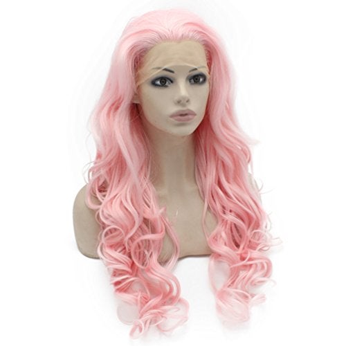 MX angel Long Wavy Celebrity Synthetic Lace Front Pink Cosplay Party Wig - Image 1
