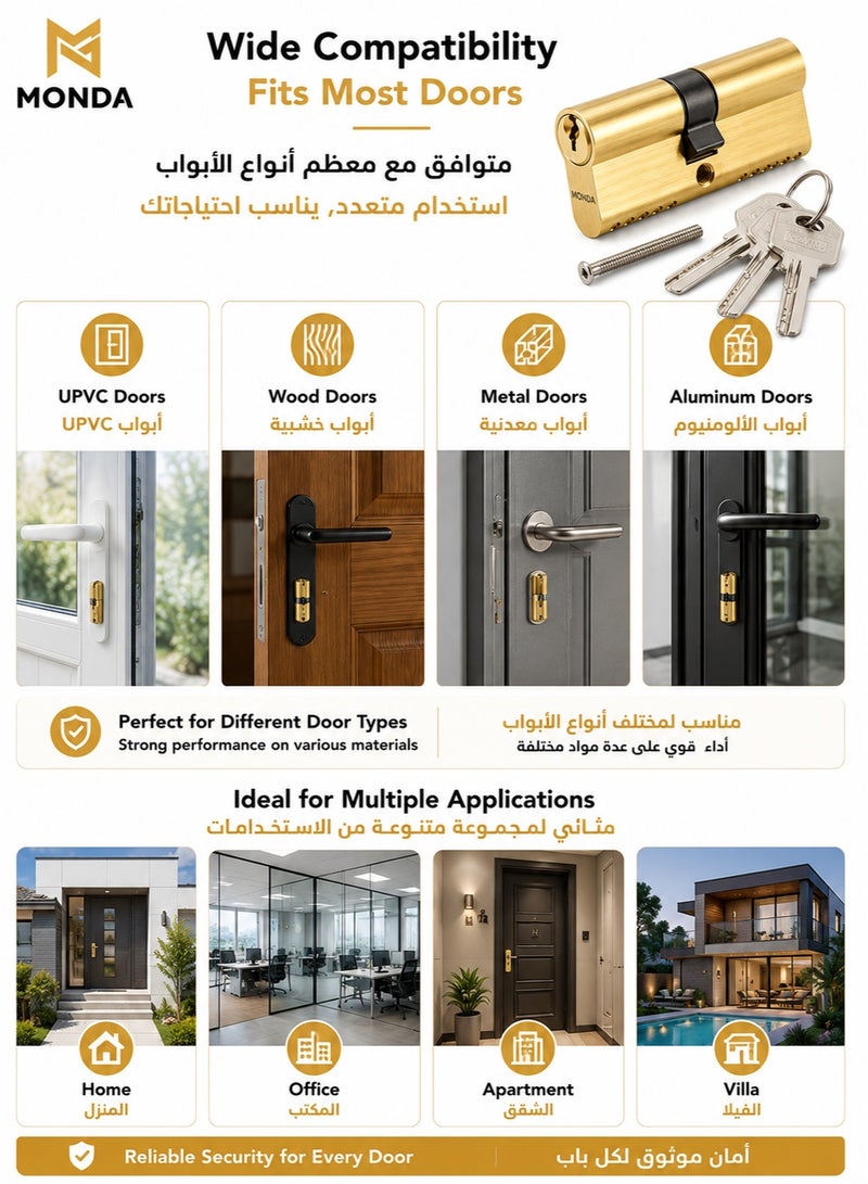 Monda Door Lock Cylinder with 3-piece Keys - 60mm Gold- Pickproof Corrosion-Resistant Easy install Double Sided Keyed Lock Cylinder Security Upgrade for Garage Doors Lockers Desks Cabinets Closets - Image 5