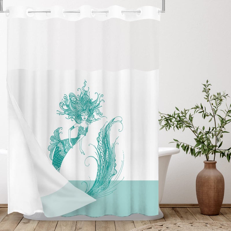 Tititex No Hooks Snap in Liner Aesthetic Mythological Mermaid Aqua Shower Curtain Sets Hotel Luxury Double Layers Waterproof Fabric SeeThrough Top Window Bathroom Decorative 72x72 Inch