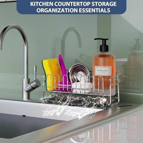 KABUM 304 Stainless Steel Sponge Holder for Kitchen Sink, Compact Sink Caddy with 4 Non-Slip Silicone Pads, Easy to Clean Rustproof 304 Steel, Kitchen Essentials, No-Tools Design (8.27x2.95x3.43) - Image 4