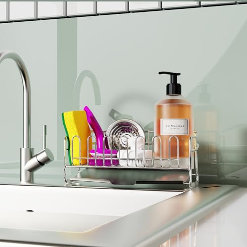 KABUM 304 Stainless Steel Sponge Holder for Kitchen Sink, Compact Sink Caddy with 4 Non-Slip Silicone Pads, Easy to Clean Rustproof 304 Steel, Kitchen Essentials, No-Tools Design (8.27x2.95x3.43) - Image 1