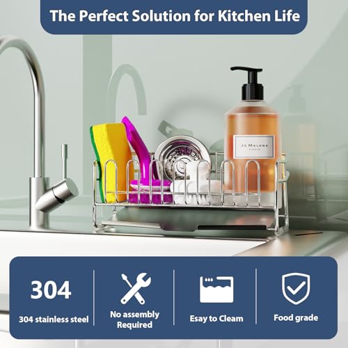 KABUM 304 Stainless Steel Sponge Holder for Kitchen Sink, Compact Sink Caddy with 4 Non-Slip Silicone Pads, Easy to Clean Rustproof 304 Steel, Kitchen Essentials, No-Tools Design (8.27x2.95x3.43) - Image 5