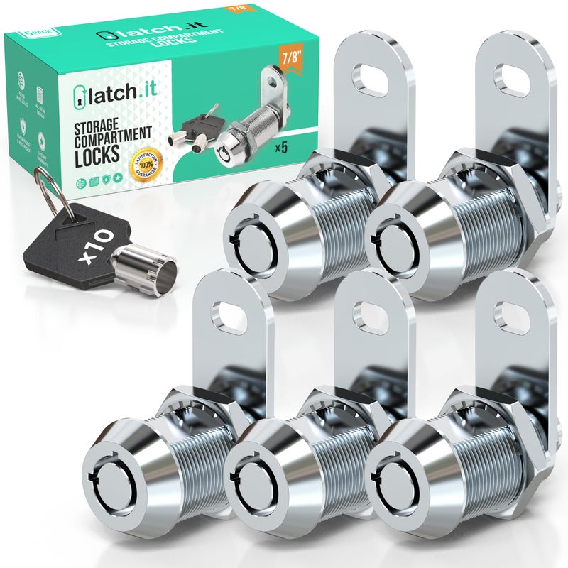 LATCH.IT 7/8" Cam Lock 5-Pack | Fits 9/16" Door | 100% Metal RV Storage Locks for Cabinets, Toolbox & Storage Doors with 10 Tubular Keys | RV Compartment Locks | Check Fitment Image Before Purchasing - Image 1