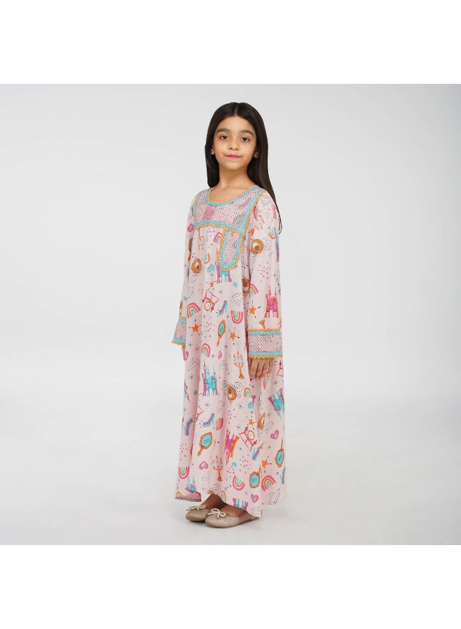 Linelle Fairy Tale Print Kids Jalabiya - with Full Sleeves and Embellished Square Neckline - Image 1