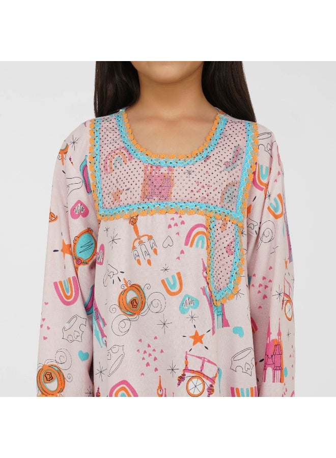 Linelle Fairy Tale Print Kids Jalabiya - with Full Sleeves and Embellished Square Neckline - Image 4