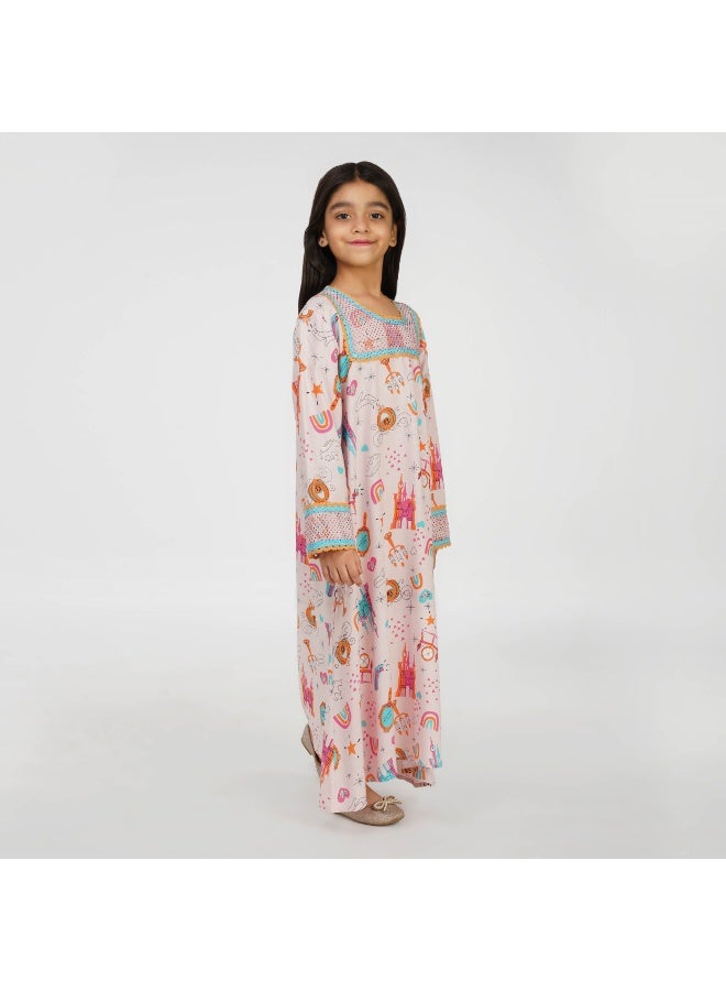 Linelle Fairy Tale Print Kids Jalabiya - with Full Sleeves and Embellished Square Neckline - Image 5