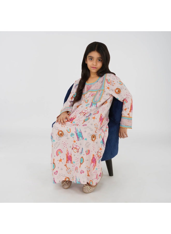 Linelle Fairy Tale Print Kids Jalabiya - with Full Sleeves and Embellished Square Neckline - Image 2