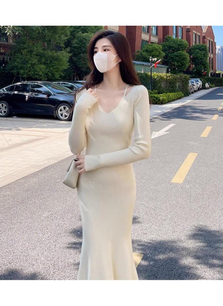 Generic Quality Core Knit Dress Autumn/Winter French Style Waist-Fitted Long Dress Slimming Smooths Your Silhouette Base Layer Bottoming Apricot  - Image 1
