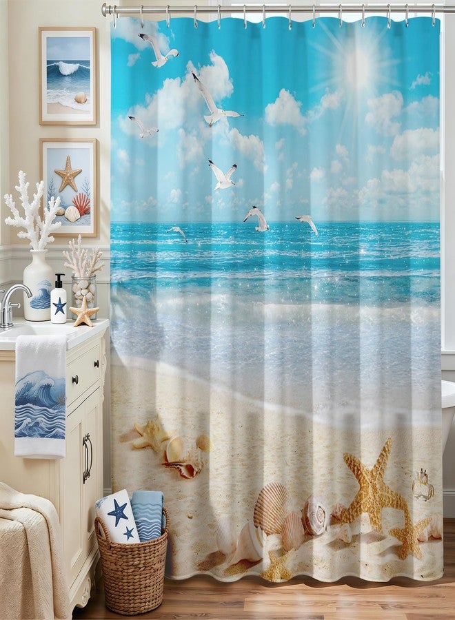 Mocsicka Ocean Beach Shower Curtain Summer Tropical Beach Shells Bathroom Shower Curtain Summer Seaside Nautical Coastal Waterproof Fabric Shower Curtains Bathtub Decor with 12 Hooks 72 X 72 Inch - Image 2