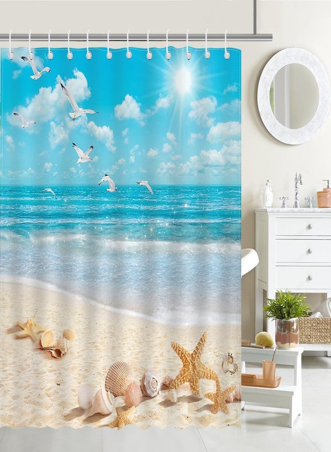 Mocsicka Ocean Beach Shower Curtain Summer Tropical Beach Shells Bathroom Shower Curtain Summer Seaside Nautical Coastal Waterproof Fabric Shower Curtains Bathtub Decor with 12 Hooks 72 X 72 Inch - Image 1