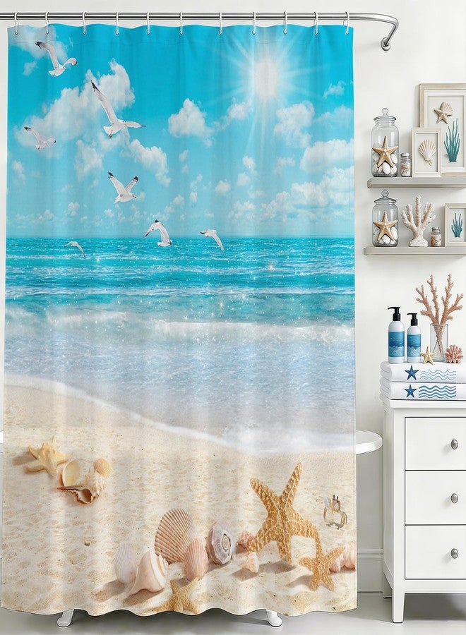Mocsicka Ocean Beach Shower Curtain Summer Tropical Beach Shells Bathroom Shower Curtain Summer Seaside Nautical Coastal Waterproof Fabric Shower Curtains Bathtub Decor with 12 Hooks 72 X 72 Inch - Image 3