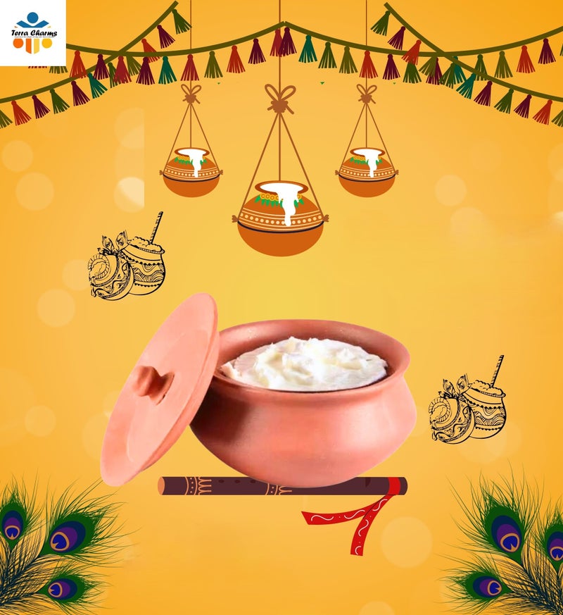 Terra Charms وعاء تيرا تشارمز الطيني لعيد كريشنا جانماستامي وعاء طيني تيراكوتا للطهي والتقديم مِشري مَكَهان بوج بارسادام وعاء تقديم وطهي مصنوع يدويًا وعاء زبادي عبوة من 1 قطعة بسعة 700 مل - Image 1