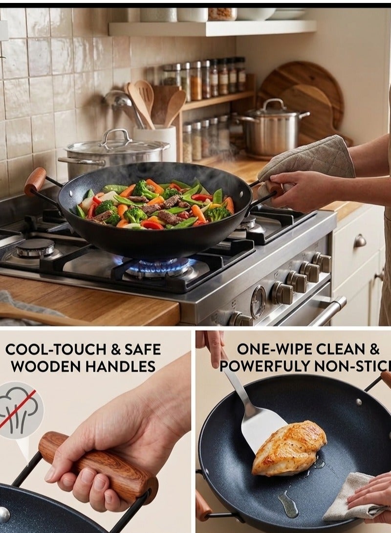 zoba 32cm Deep Granite Wok – Healthy Cooking Without Oil – Strong Non-Stick – Even Heat Distribution – Suitable for All Types of Stovetops – Practical Design with Two Heat-Resistant Handles - Image 2