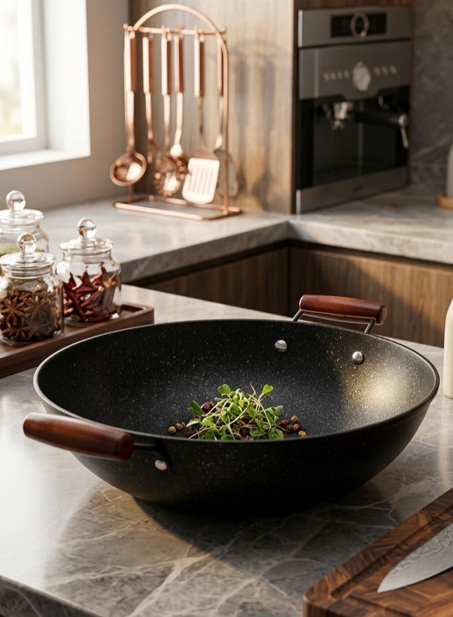 zoba 32cm Deep Granite Wok – Healthy Cooking Without Oil – Strong Non-Stick – Even Heat Distribution – Suitable for All Types of Stovetops – Practical Design with Two Heat-Resistant Handles - Image 1