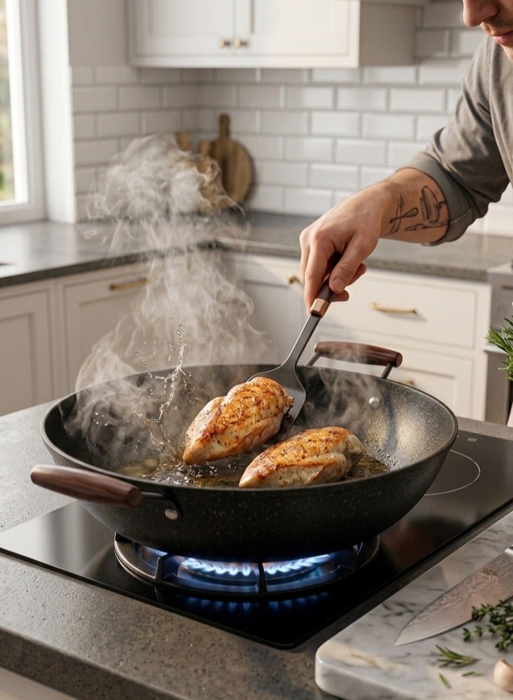 zoba 32cm Deep Granite Wok – Healthy Cooking Without Oil – Strong Non-Stick – Even Heat Distribution – Suitable for All Types of Stovetops – Practical Design with Two Heat-Resistant Handles - Image 3