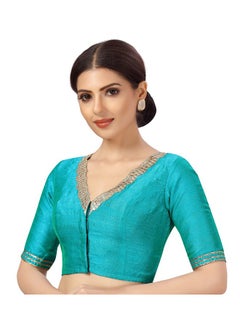 Studio Shringaar Studio Shringaar Women's Readymade Silky Elbow Length Sleeves Saree Blouse With Embroidered Neckline (Firozi, 42)  - Image 4