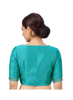 Studio Shringaar Studio Shringaar Women's Readymade Silky Elbow Length Sleeves Saree Blouse With Embroidered Neckline (Firozi, 42)  - Image 2