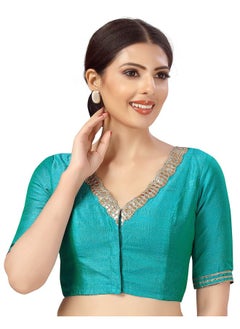 Studio Shringaar Studio Shringaar Women's Readymade Silky Elbow Length Sleeves Saree Blouse With Embroidered Neckline (Firozi, 42)  - Image 3