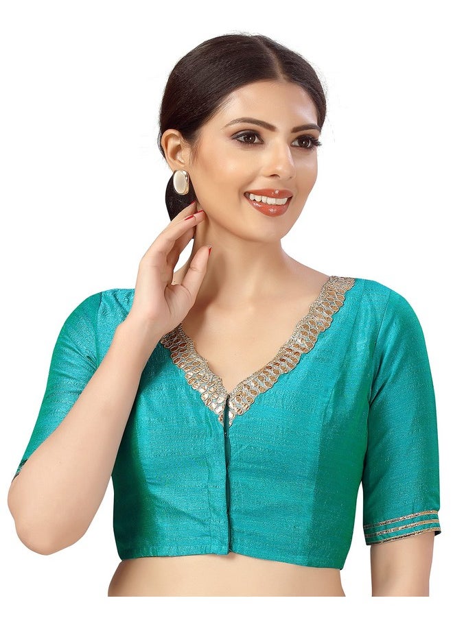 Studio Shringaar - Studio Shringaar Women's Readymade Silky Elbow Length Sleeves Saree Blouse With Embroidered Neckline (Firozi, 42) - Image 1