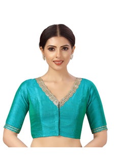Studio Shringaar Studio Shringaar Women's Readymade Silky Elbow Length Sleeves Saree Blouse With Embroidered Neckline (Firozi, 42)  - Image 1