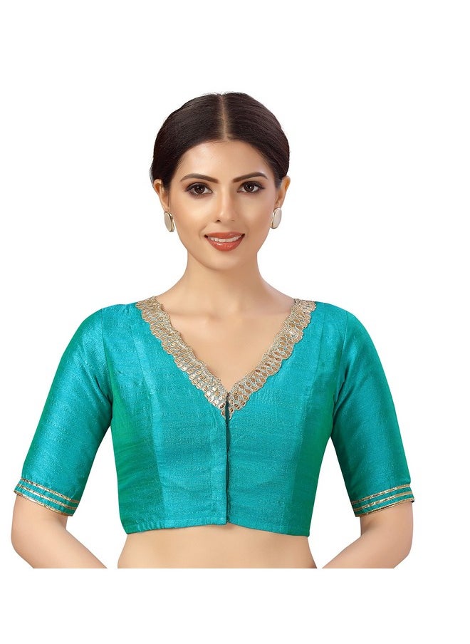 Studio Shringaar - Studio Shringaar Women's Readymade Silky Elbow Length Sleeves Saree Blouse With Embroidered Neckline (Firozi, 42) - Image 1