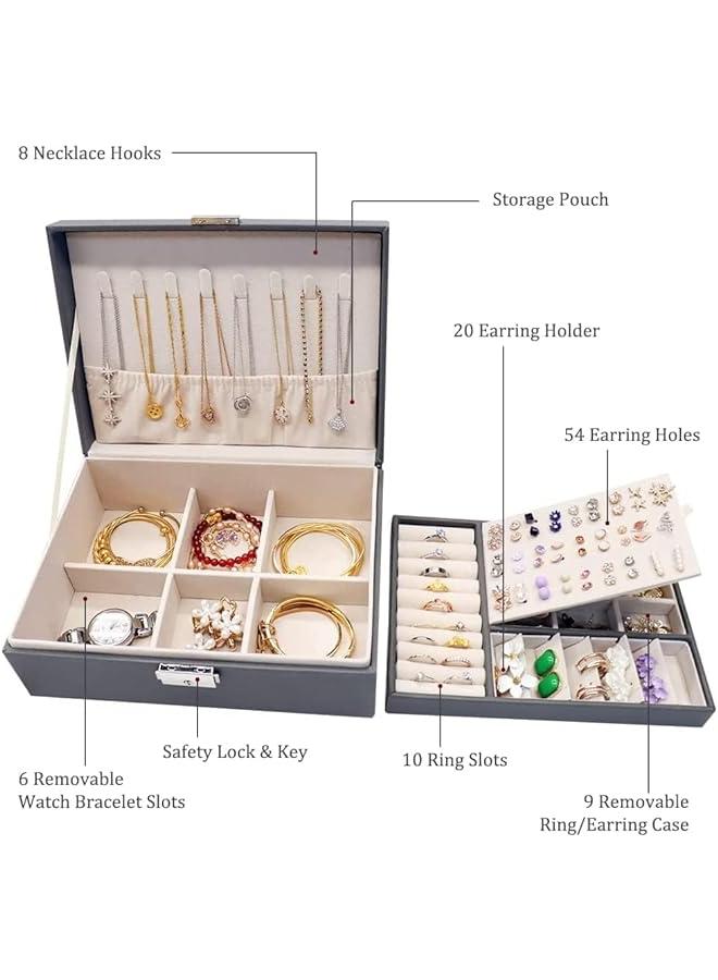 Elegant 2-Layer PU Leather Jewelry Box for Women and Girls - Grey - Image 2