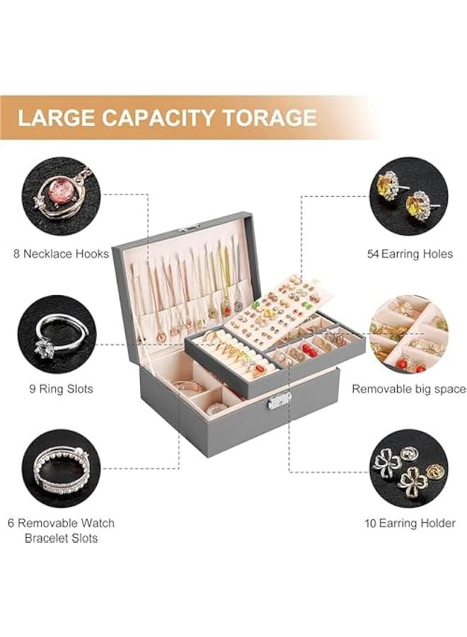 Elegant 2-Layer PU Leather Jewelry Box for Women and Girls - Grey - Image 3